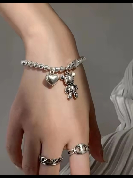 Anthropologie Jewelry - Silver-Tone Beaded Heart & Teddy Charm Bracelet